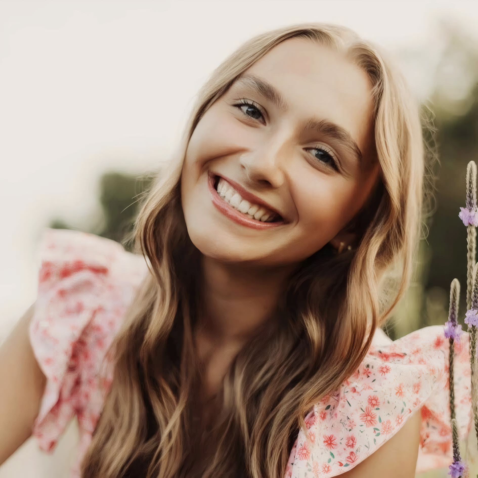 portrait of teenage girl sitting in a field smiling at camera